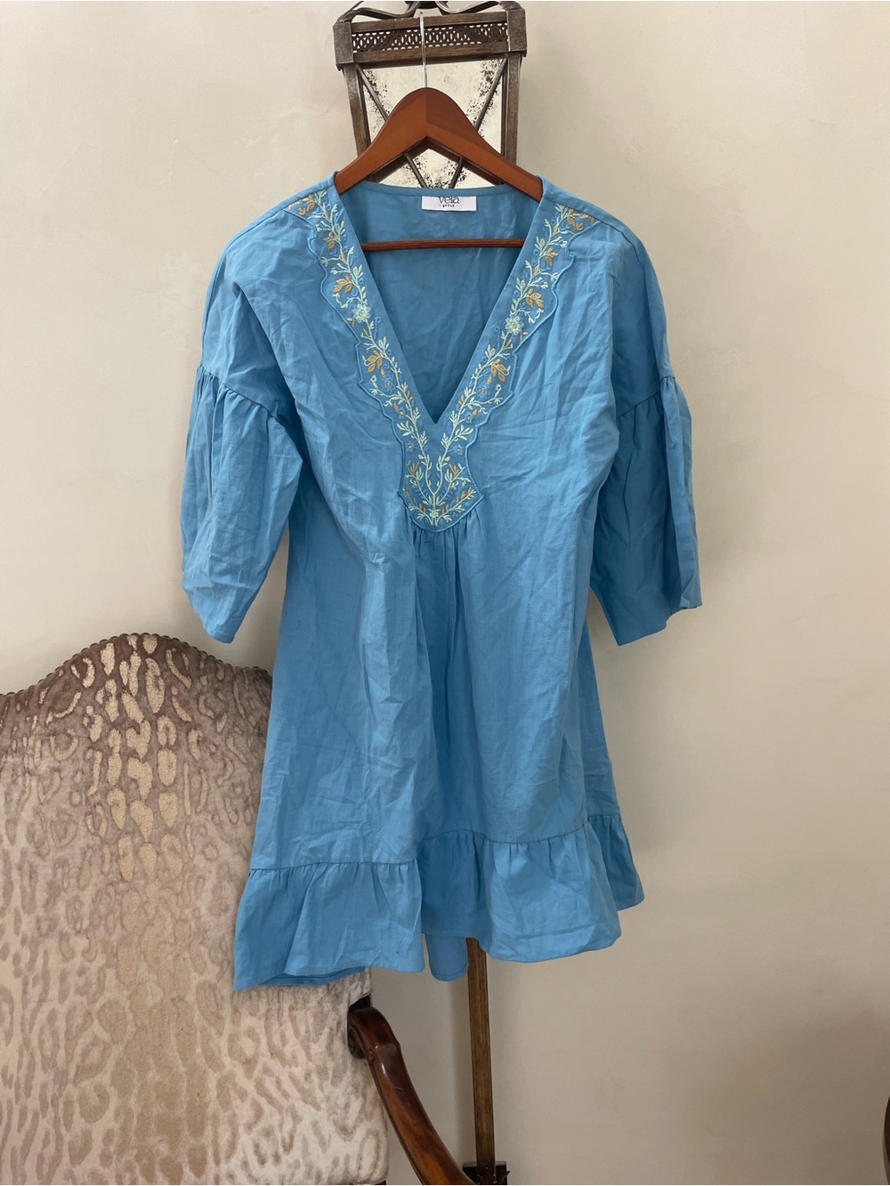 Blue Embroidered V-Neck Women’s Dress